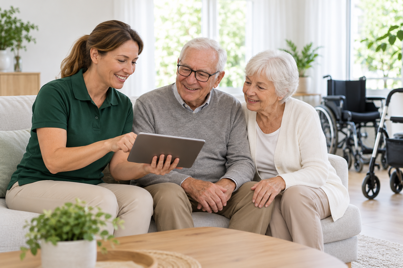 Friendly advisor discussing equipment with an older couple