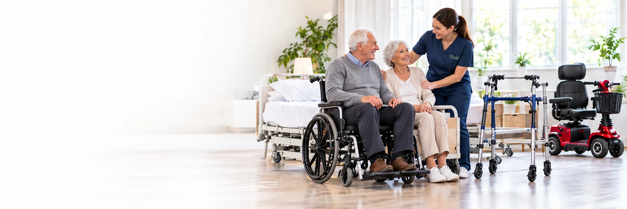 Older couple with a caregiver, wheelchair, walking frame and mobility scooter in a bright home