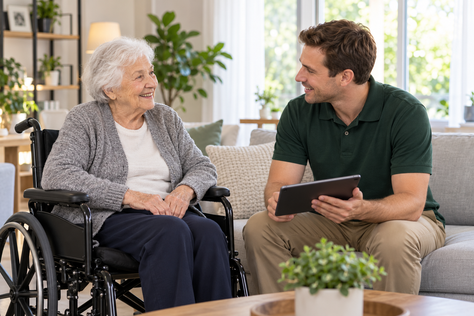 Technician discussing equipment service with an older wheelchair user