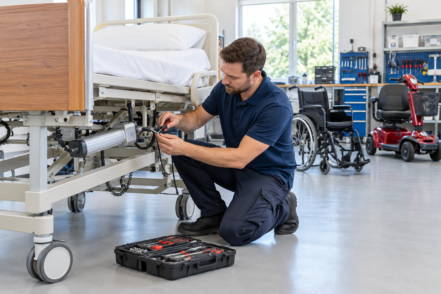 Technician repairing a hospital bed