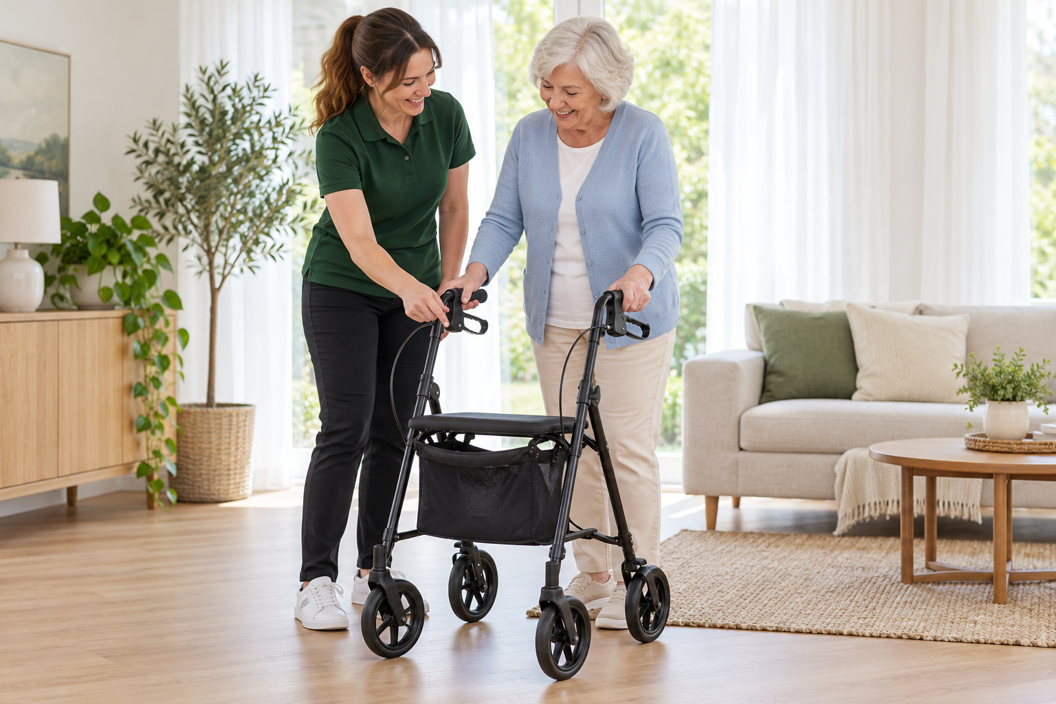 Advisor explaining rollator brakes to an older woman