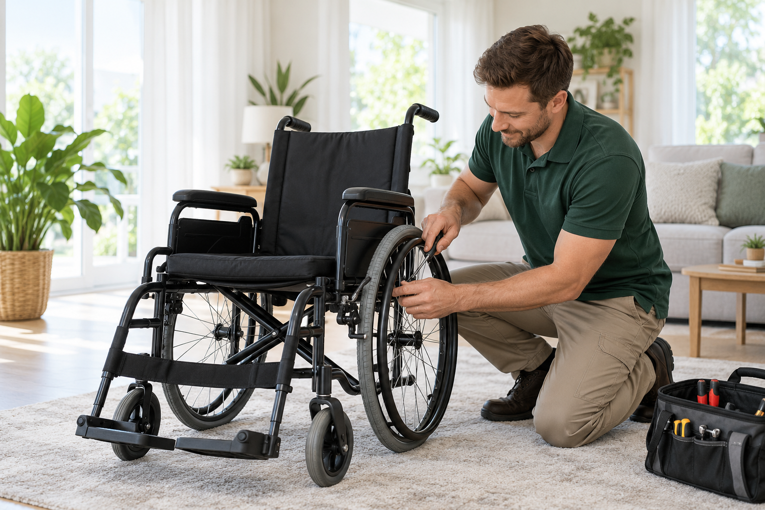 Technician carefully servicing a wheelchair at home